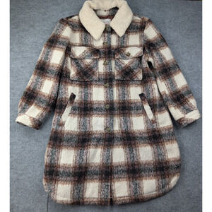 Vince Camuto Wool Coat Womens Large Plaid Shacket Overcoat Outdoors Jacket Brown